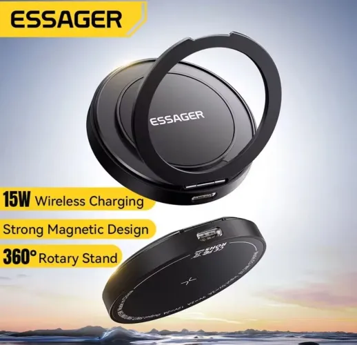 Magnético Sem Fio 15W Essager + Suporte 360° p/ iPhone e Android