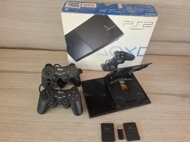 PS2 Slim 2 Controles Memory Card 64MB Adaptador HDMI e Caixa