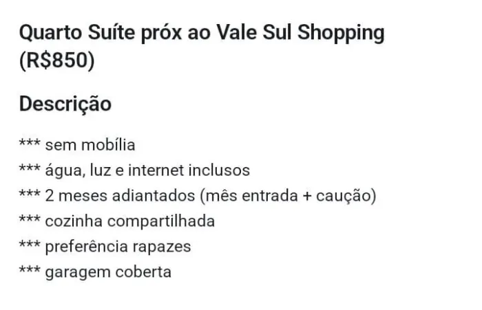 Quarto Suíte próximo ao Vale Sul Shopping