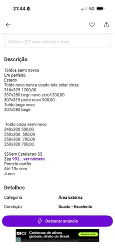 Promoção Toldos semi novos tela solar 3%