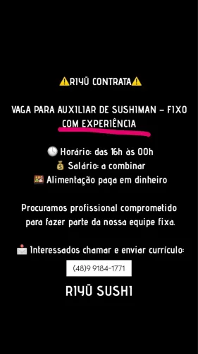 Vaga sushiman COM EXPERIÊNCIA 