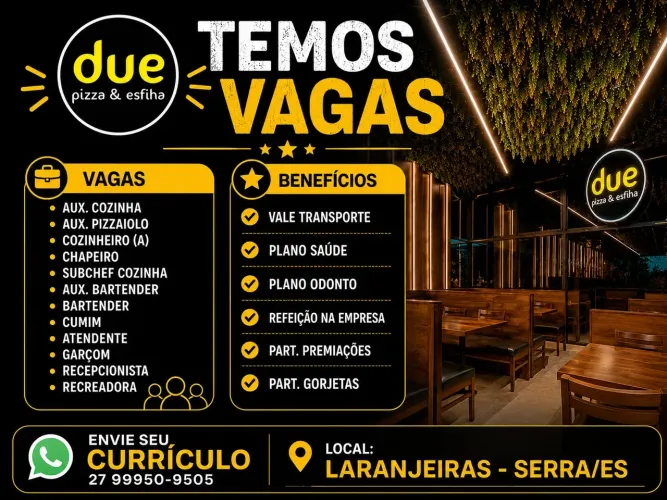 Vagas Emprego Due Pizza - Laranjeiras - Serra/ES