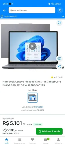 Notebook Lenovo Ideapad Slim 3i 15.3 Intel Core i5 8GB SSD 512GB W 11 3NS0002BR
