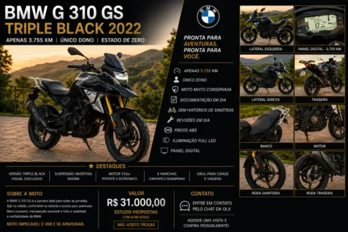 BMW G 310 GS Triple Black 2022 | Apenas 3.755 km | Único Dono | Impecável