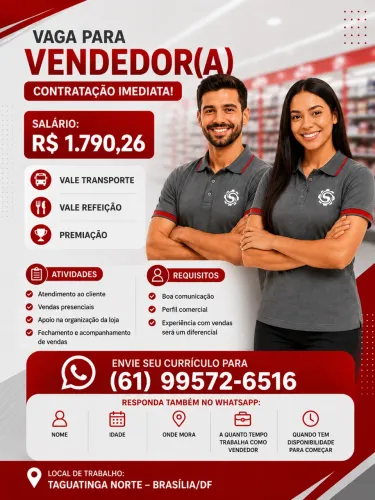 VAGA: VENDEDOR(A) - CONTRATAÇÃO IMEDIATA