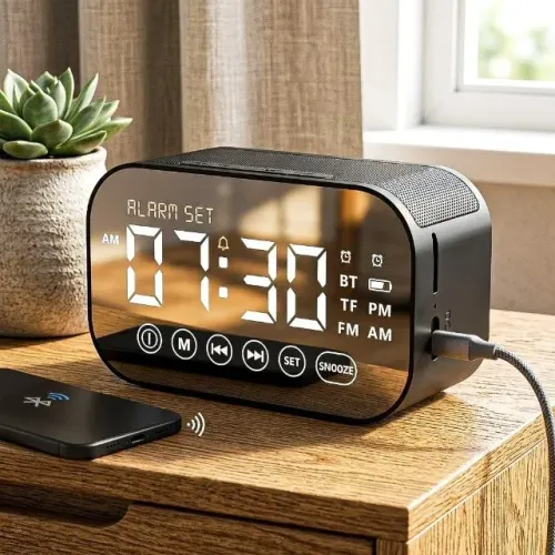 Caixa de Som Bluetooth com Relógio Digital e Despertador
