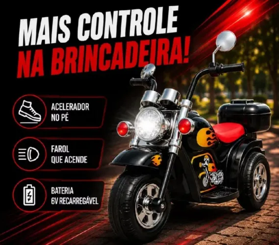 Motocicleta Infantil Elétrica 6V Preto Bang Toys 3 Rodas com Marcha Ré