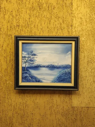 Pintura a Óleo - Paisagem Marinha - Monocromática Azul - 64x54cm