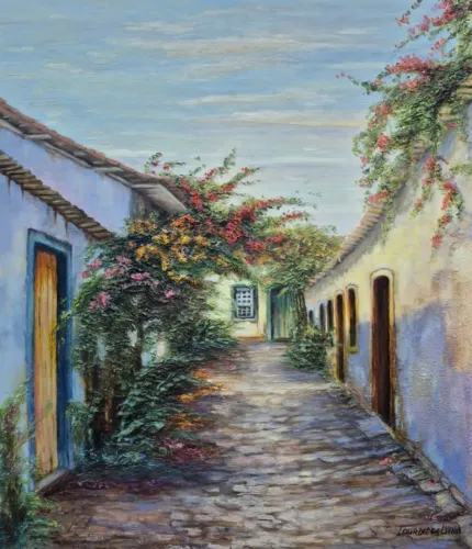 Tela pintada a óleo texturizada Paraty 60x50cm Lourdes de Lima