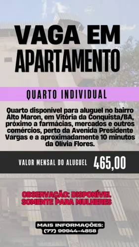 Aluguel de quarto individual em apartamento no Alto Maron