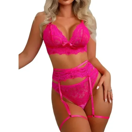 Conjunto de lingerie rosa neon tamanho P