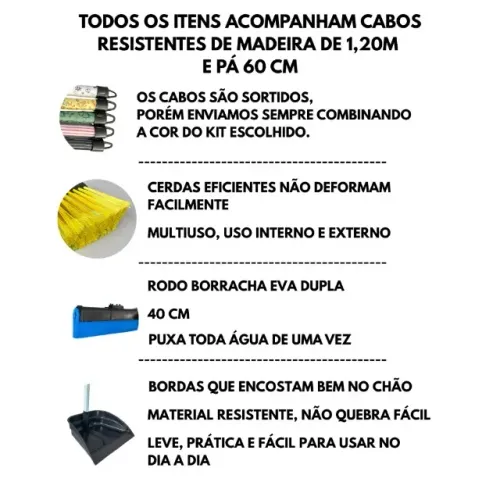 Últimas Unidades! Kit Vassoura Rodo Pá | Cabos 1,20m e 60cm | Promoção