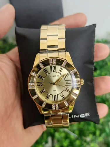 Relogio Feminino Lince com Cristais corpo dourado
