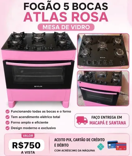 Fogão 5 bocas Rosa de mesa de vidro. ENTREGO