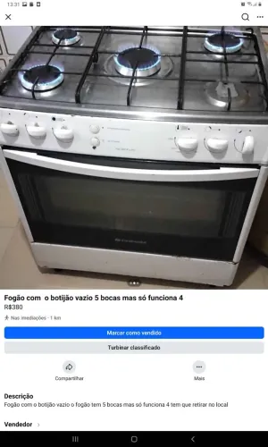 Fogão Electrolux 5 bocas só funciona 4e o forno tem que retirar no local já é fogão e boti