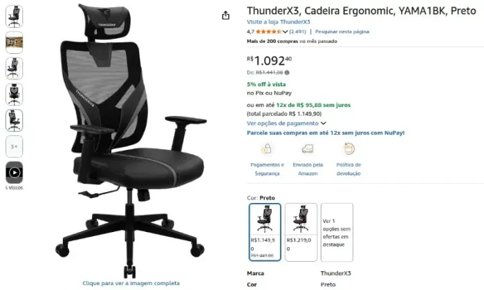 ThunderX3, Cadeira Ergonomic, YAMA1BK, Preto