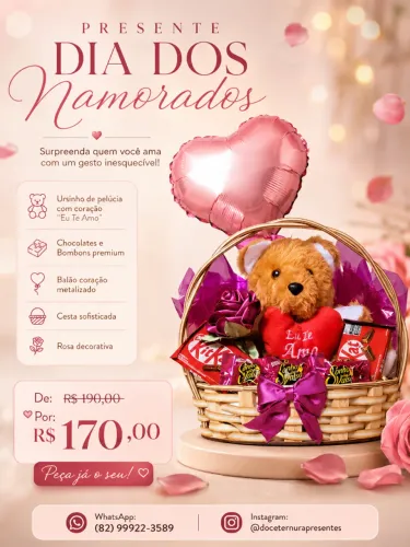 Cesta Amor Doce com Ursinho | Presente Dia dos Namorados | 3x Sem Juros