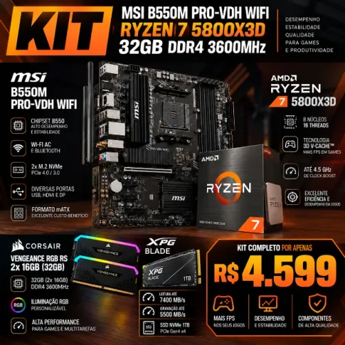 Kit AM4 Msi B550m Pro VDH Wifi + Ryzen 7 5800x3d + 2x16GB DDR4 3600Mhz + SSD XPG Blade 1TB