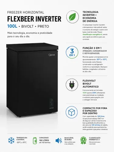 Freezer Horizontal 100l Flexbeer Inverter Bivolt Midea Preto