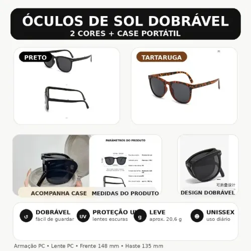 Óculos de Sol Dobrável Unissex Lente Escura Proteção UV Armação Leve Portátil