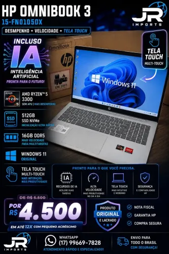 Notebook HP OmniBook 3 Ryzen 5 | 16GB DDR5 | SSD 512GB | Tela Touch | Novo Lacrado
