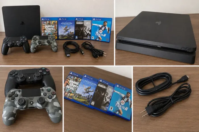 PS4 Slim 1TB + 2 Controles + GTA V + Horizon + Rainbow Six + FIFA 19