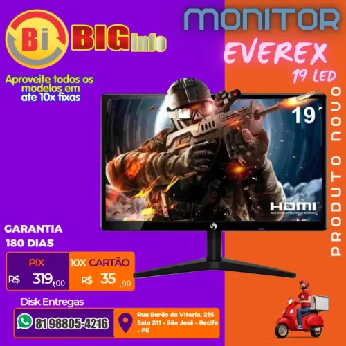 Monitor LED 19" ViewPro Resolução 1440x900 HDMI VGA VESA Preto EVEREX - Em ate 10x Fixas 