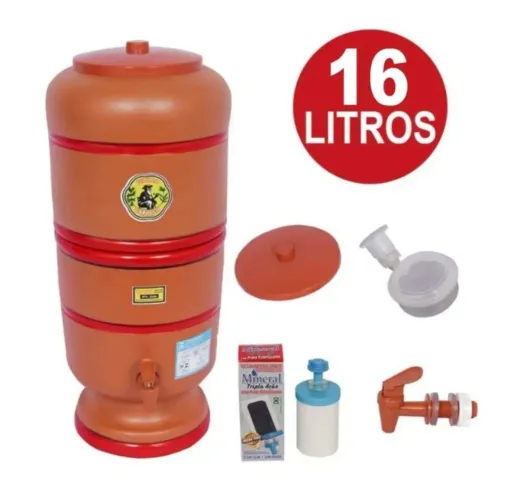  Filtro de Barro 16 Litros (8+8L) com Vela de Carvão Ativado Tripla Ação, Torneira e Boia