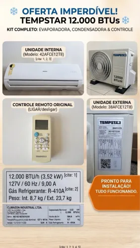 Ar-Condicionado Tempstar 12.000 BTUs 127V + Tubulação + Fiação