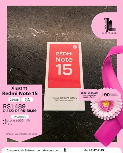 REDMI NOTE 15, 256GB, 8GB RAM, PRETO, LACRADO, EXCLUSIVO!