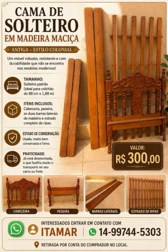 Cama de solteiro em madeira maciça