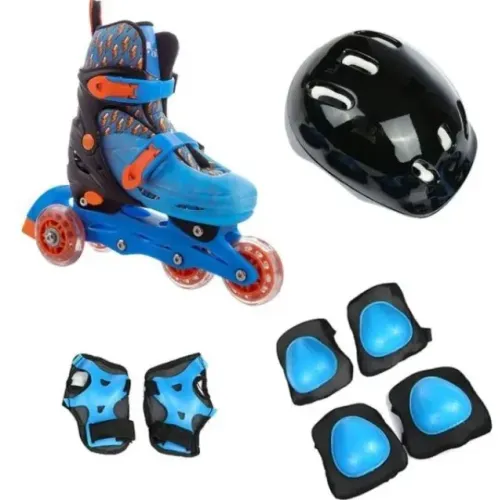 (Novo) Patins Infantil 4 Rodas Ajustável com Kit de Proteção 32-35 Azul - brink+