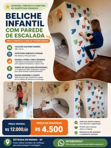 Beliche Infantil com escada e prede de escalada + colchões 
