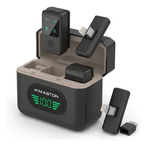 Microfone De Lapela Duplo Sem Fio Para Celular 2 em 1 Tipo C + Lightning +Caixa Carregador