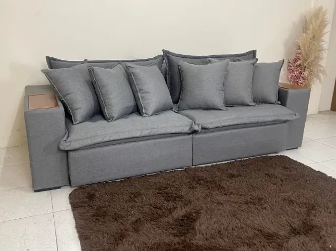  Sofá Cama Retrátil Reclinável Tebas 2,36m Grafite Linho / Marrom Courino Até 12x S/ Juros