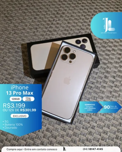IPHONE 13 PRO MAX, 5G, 128GB, CHIP ESIM, DOURADO, SEMINOVO, EXCLUSIVO!