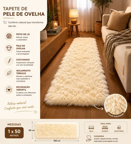 Tapete De Pele de Ovelha Lã Premium Costurado Artesanalmente 
