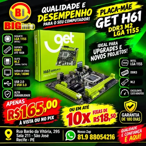 Placa-Mãe Get H61 DDR3 M2 LGA 1155, Suporte Intel 2°/3° Geração - Em ate 10x Fixas 