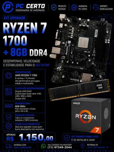 Kit Upgrade Ryzen 7 1700 + Biostar B450MH + 8GB DDR4 | AM4 | R$ 1.150