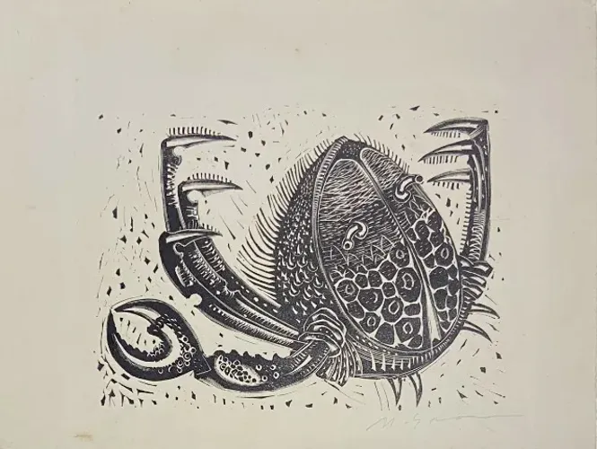 MARCELLO GRASSMANN - Linóleo decáda de 1950, medindo 25 x 32,5 cm e assinado a mão