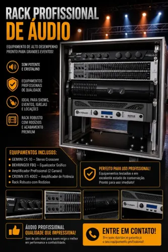 CASE RACK+AMPLIFICADOR, EQUALIZADOR, CROSSOVER, APARELHAGEM PROFISSIONAL 