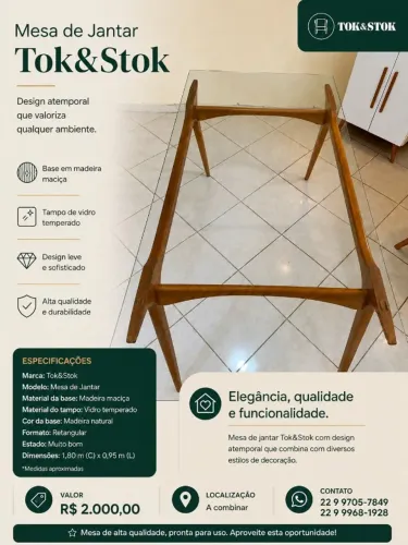 Mesa de Jantar Tok&Stok - Madeira e Vidro | Excelente Estado