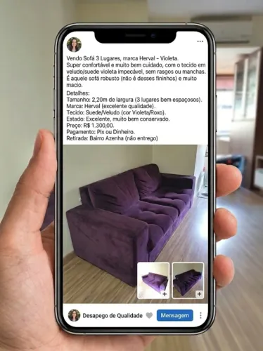 Sofá 3 lugares, marca Herval, cor violeta, super confortável, tecido veludo / suede