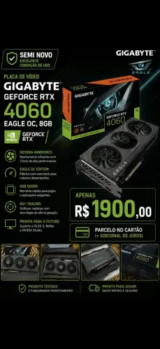 Placa de Vídeo Gigabyte NVIDIA GeForce RTX 4060 EAGLE OC, 8GB (Usado em bom estado)