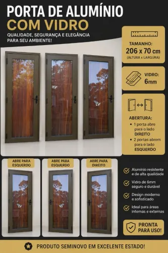 Porta de Alumínio Bronze com Vidro 6mm + Guarnições Inclusas | 206x70 | Excelente Estado.