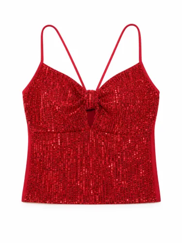 Cropped Vermelho de Paetês com Laço