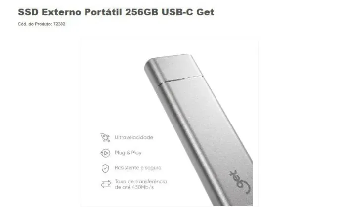 SSD Externo Portátil 256GB USB-C Get