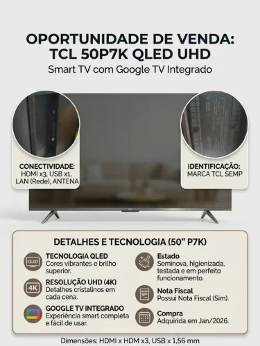 Smart TV TCL 50" QLED 4K UHD com Google TV (2026) - Com Nota Fiscal