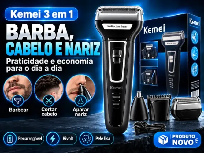 Máquina Kemei: 3 em 1 Barbeador Cabelo e Nariz e Nova