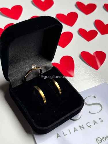 Alianças de noivado namoro Reta 2mm + Solitária 2mm 